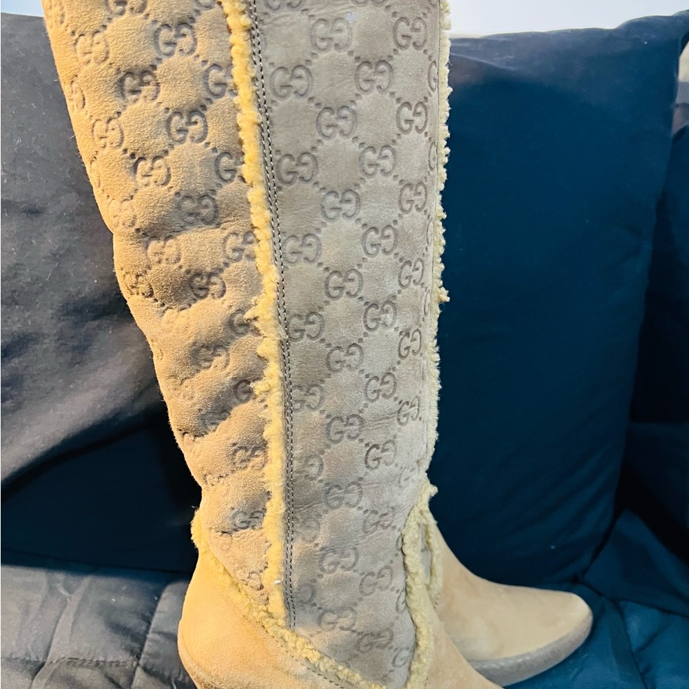 Rare Find-Vintage Gucci GG Suede Knee High Wedge Boots - Picture 10 of 13